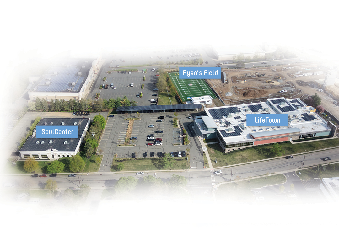 Aerial view of the Miracle Campus showing SoulCenter, LifeTown, and Ryan's Field